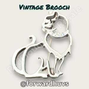 Vintage Silver Tone Metal Brooch with Rhinestone Cat Collar Marked JJ